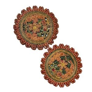 Vintage Handcrafted Floral Boho Woven Trivets Red and Green